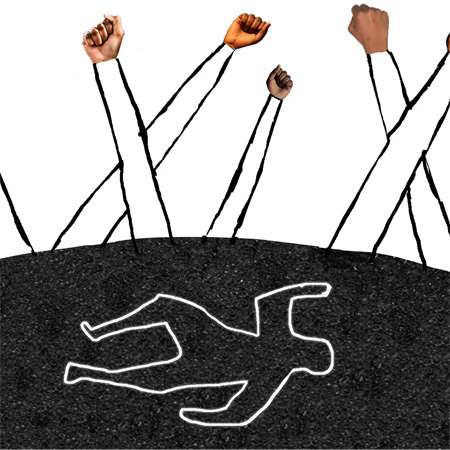 New York Times opinion piece, depicts raised fists and a chalk outline of a body on a dark surface to highlight community activism against violent crime.