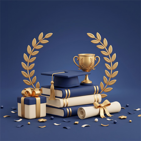 This image features a 3D rendered scene with a navy blue graduation cap, a golden trophy, a diploma scroll, and a gift box set against a dark blue background.
