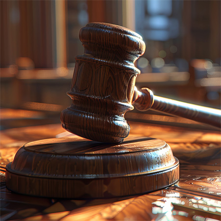 This wooden judge's gavel is positioned on its matching sound block, symbolizing authority and legal proceedings.