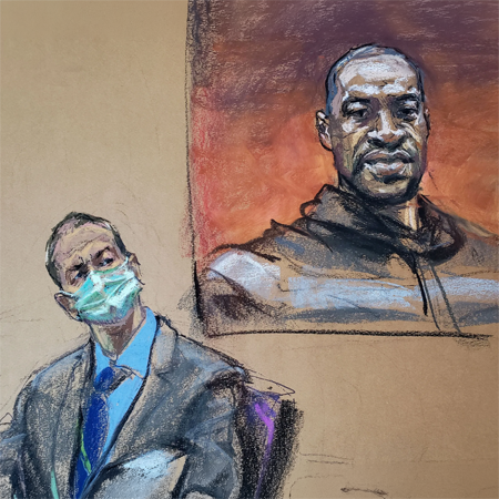 This image is a courtroom sketch by Jane Rosenberg depicting former police officer Derek Chauvin during his trial for the murder of George Floyd in Minneapolis.