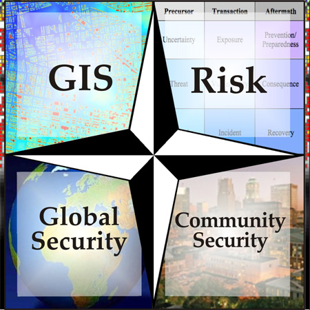 This collage illustrates Risk Terrain Modeling (RTM), a method used to quantify high-crime areas by analyzing geographical characteristics rather than individual demographics.